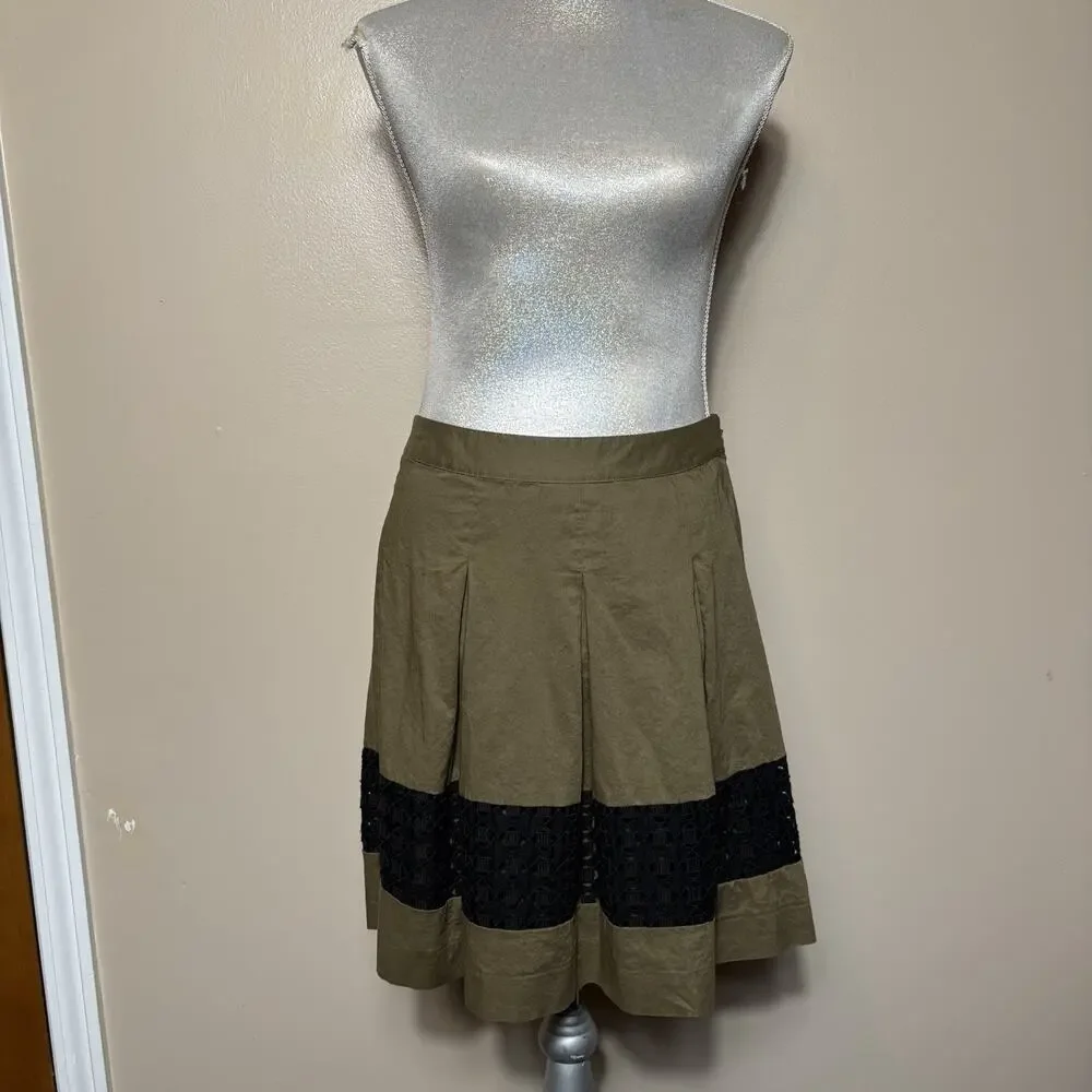 Ann Taylor LOFT Olive A-Line Skirt Black Lace Panel Size 0 Office Fall Earthy